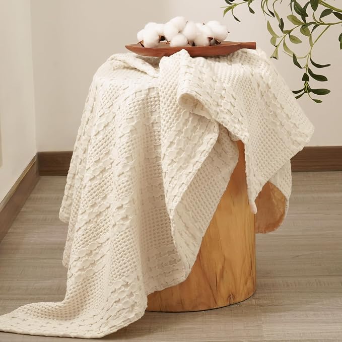 PHF 100% Cotton Waffle Weave Throw Blanket, Lightweight Breathable Summer Blanket for Couch Sofa, Pre-Washed Soft Throws for Bed, Office, Travel & Stylish Home Decor, 50"x60", Natural