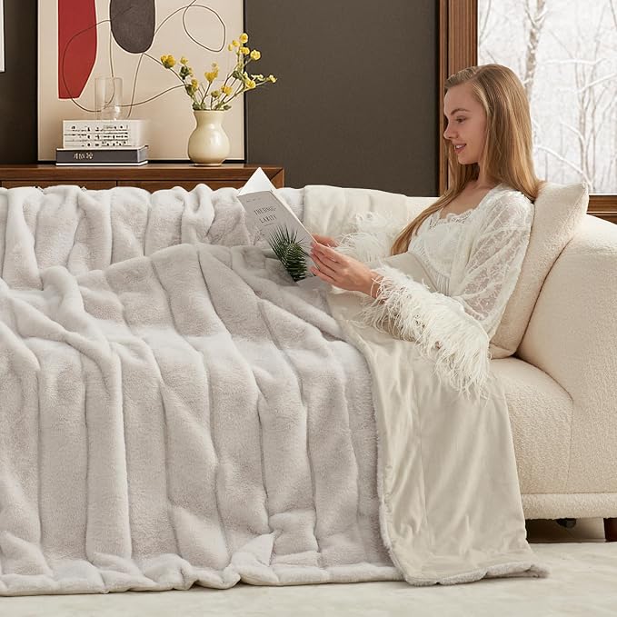 Cozy Bliss Deluxe Sheared Rabbit Faux Fur Throw Blanket, Soft Fuzzy High-Low Sculpted Plush Blanket for Couch, Cozy Home Accent, All Season Use, Beige 50"x60"