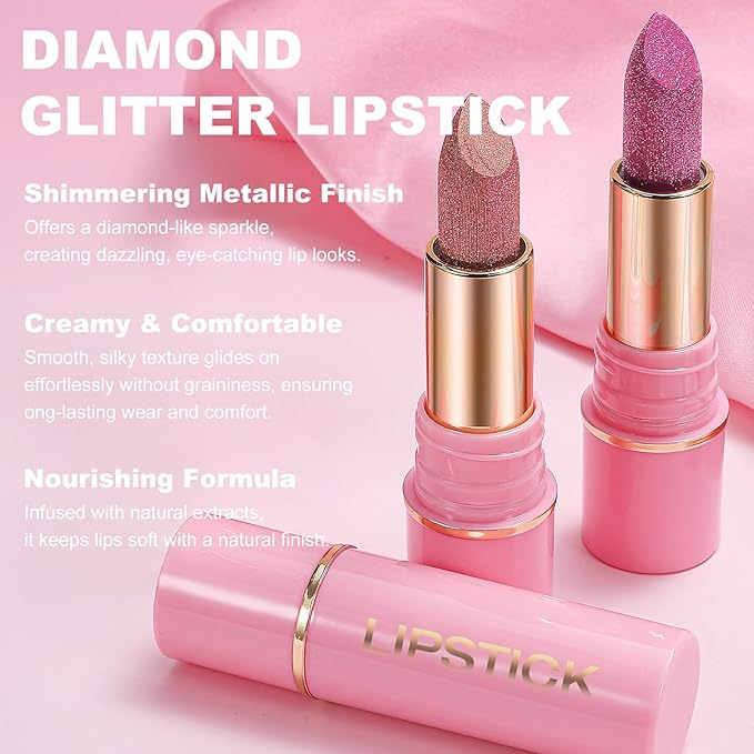 Sparkle Clear Brown Glitter Lipstick, Waterproof Metallic Lipstick Long Lasting High Shine Diamond Creamy Nude Shimmer Full-Coverage Hydrating Tinted Lip Color Makeup for Women