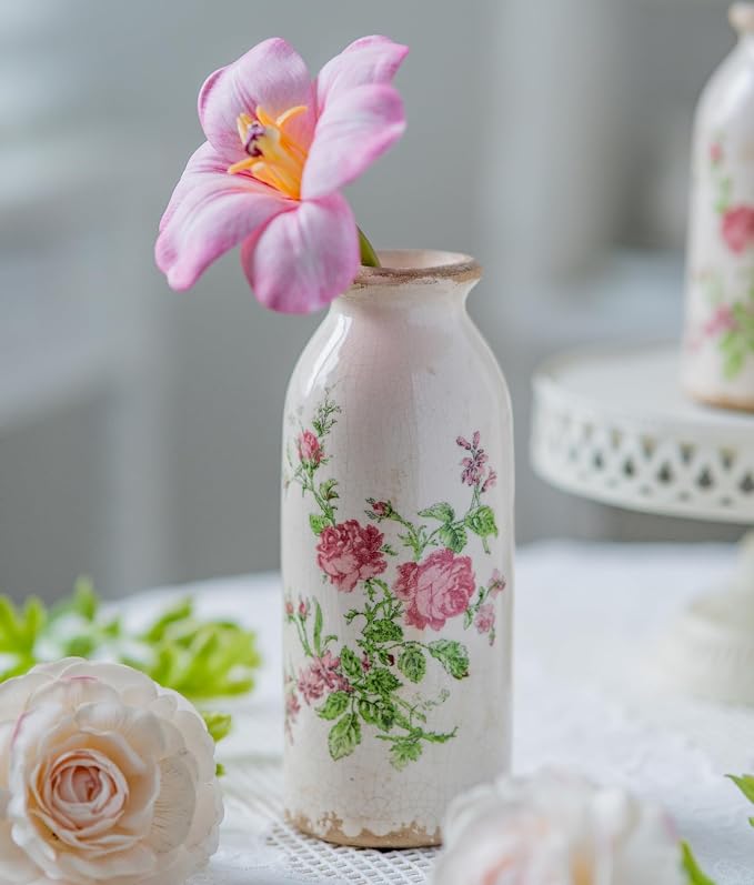 Teweiqi Ceramic Rustic Farmhouse Vase, Distressed Floral Pattern, Holds Water, With Handle, 7.8 inches