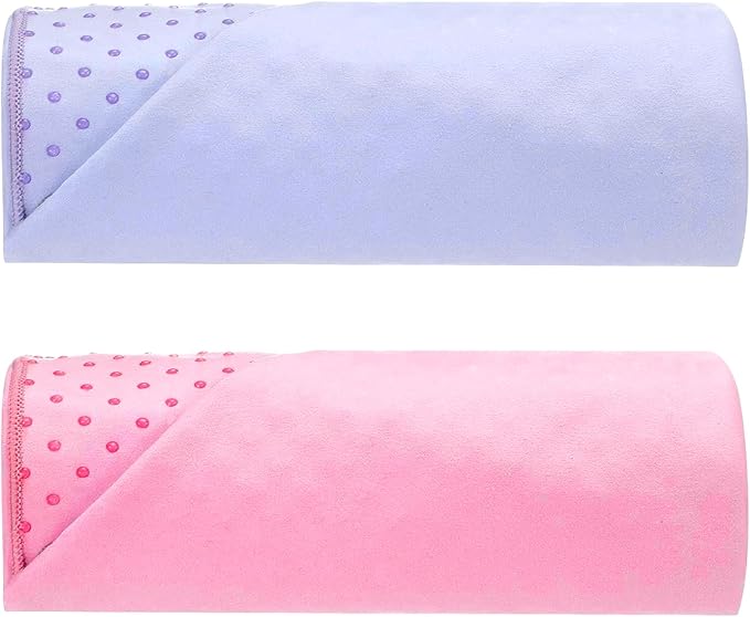 Peryiter 2pack 72 x 24'' Hot Yoga Towel Pack with Grip Dot, Sticky Fiber Mat Towel Non Slip for Hot Yoga, Absorbent Microfiber Sweat Anti-Slip Cover for Pilates Exercise Fitness Workout(Purple,Pink)