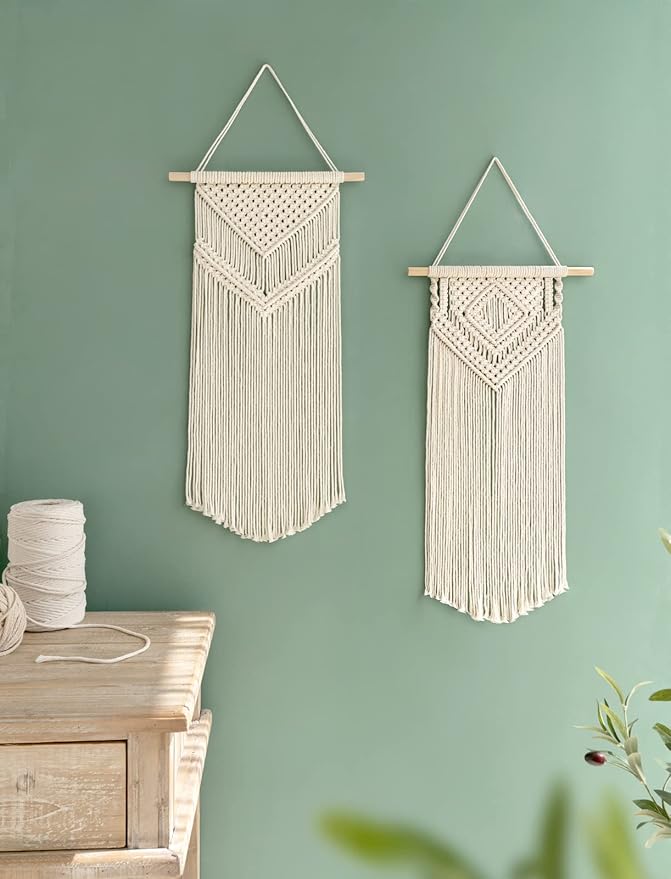 Dahey 2Pcs Macrame Wall Hanging Boho Tapestry Wall Art Bedroom Decor,Medium | Woven Craft, Unique Tassels, Soft Cotton Cord, Wood Dowel, Ready to Hang, Boho Wall Decor for Dorm Classroom Nursery Backdrop