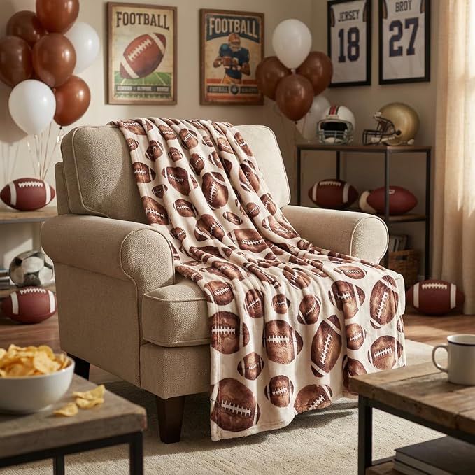 Horaldaily Football Beige Flannel Throw Blanket 50x60 | All Season Using Ultra Soft Fuzzy Plush Cozy Non-shedding Blanket for Couch Sofa Bed Camping, Ideal Gift for Kids Adults