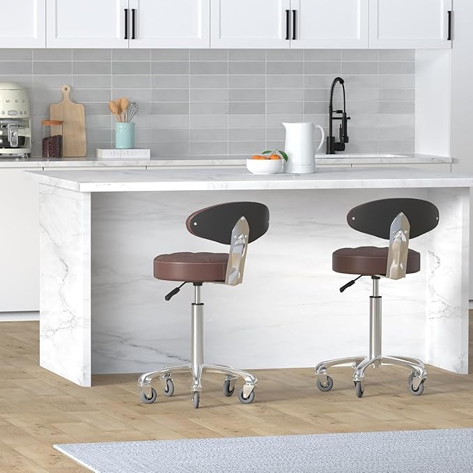 Kaleurrier Swivel Stool Adjustable Height: Heavy Duty Hydraulic Rolling Chair Metal Stool for Kitchen Salon Bar Office Massage (with Back Rest) (Coffee)