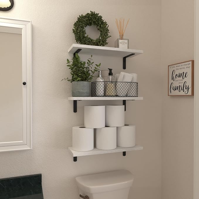 White Floating Shelves Set of 6,Wood for Bedroom,Modern Wall Decor,Bathroom Storage,Book Living Room[Upgraded]-White (HM011A)