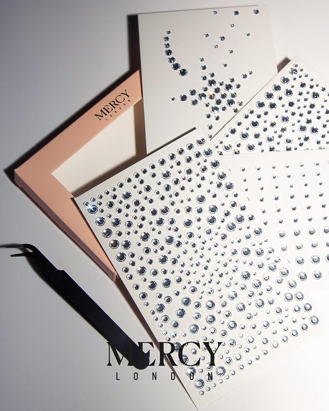 MERCY LONDON Face Gems in Clear, 866 Self Adhesive Makeup Face Gem Stickers, 4 Sheets, Reusable Eye Gems, DIY Face Gems
