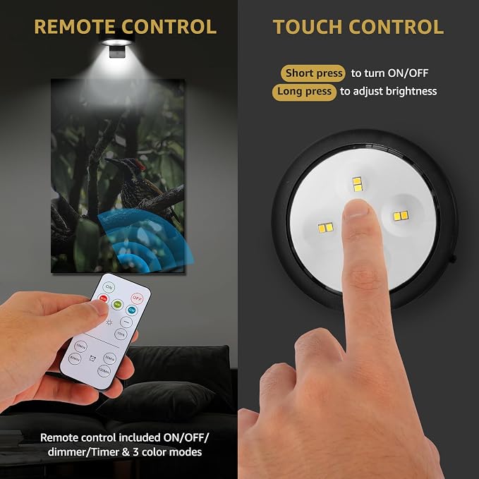 MIOBLUE 3Pack Rechargeable Battery Pictureainting Light with Remote Control Dimmable and Timer, Magnetic Art Display Puck Light 3 Lighting Modes for Paintings Wall Decor
