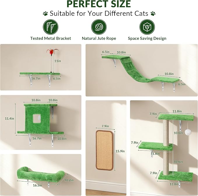 Cat Wall Shelves, 6 in 1 Cat Wall Furniture Set with Condos House, Bed, Bridge, Tree, Steps, Scratching Board, DIY Walls Playground for Indoor (Green)