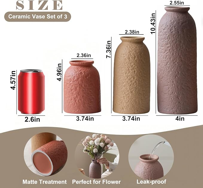 Large Decorative Ceramic Vase Set, 3 Pieces, Matte Taupe Orange Coral Beige, 10.4 Inch Tall, Nordic Modern Boho Style, Orange Peel Glaze Finish, Farmhouse Home Décor