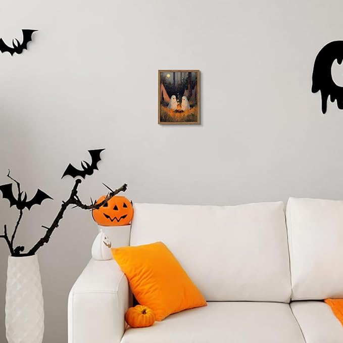 Framed Vintage Halloween Wall Art, Camping Ghosts Cozy Fireplace Canvas Prints, Gothic Whimsigoth Decor Cute Spooky Poster, Farmhouse Halloween Wall Decor, Ready to Hang 8x10in Wood Frame