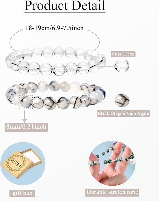 Bivei Natural Gemstone Semi Precious Healing Crystals Handmade Stretchy Round Beads Bracelet,Stocking Stuffers for Women Enhance Positive Energy