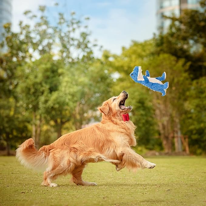 DODODOLA Dog Toys Blue Dinosaur Stuffed Squeaky Puppy Toy for Small Large Dogs