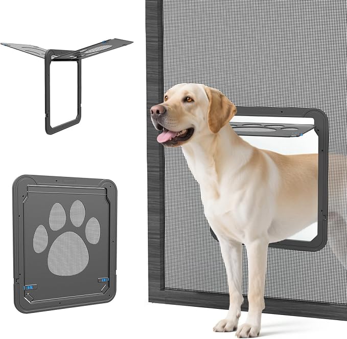 Large Dog Door for Screen Door, Easy Install Lockable Pet Screen Door for Sliding Door, Doggy Screen Door, Gray, Inside size: 14''x12''