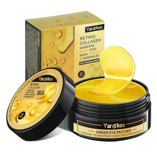 60 Pcs 24K Gold Under Eye Patches, 30 Pairs Undereye Mask for Dark Circles Puffy Eyes Treatment, Collagen Gel Pads Hydrating for Eye Bags Puffiness Wrinkle, Women Men Beauty Skin Care Products