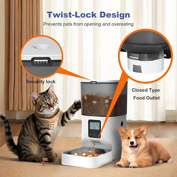 Automatic Cat Feeder, 4L Cat Food Dispenser with 10s Voice Recorder, Pet Feeder up to 8 Meals per Day, Timed Dog Feeder with Dry Food Sealed Ring