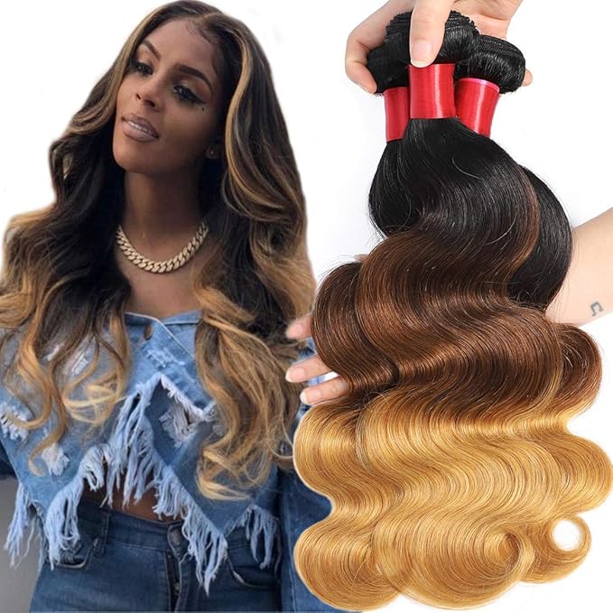 Ombre Human Hair Bundles 1b/4/27 Brazilian Three Tone Ombre Body Wave Human Hair 3 Bundles 20 22 24inch 100% Unprocessed Virgin Hair Bundles Weaves Extensions for Women