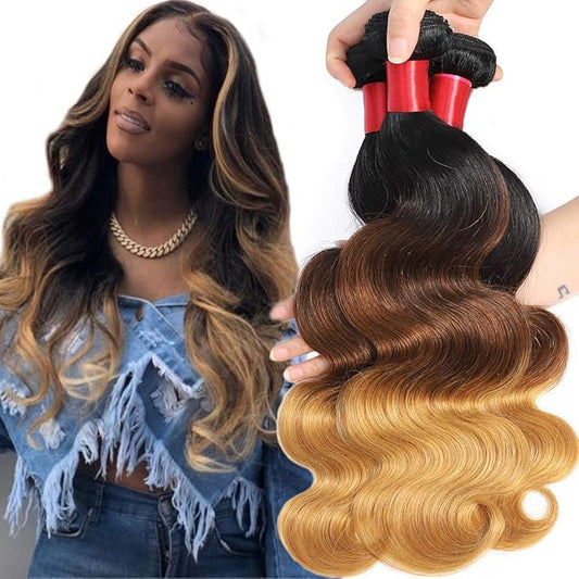 Ombre Human Hair Bundles 1b/4/27 Brazilian Three Tone Ombre Body Wave Human Hair 3 Bundles 20 22 24inch 100% Unprocessed Virgin Hair Bundles Weaves Extensions for Women