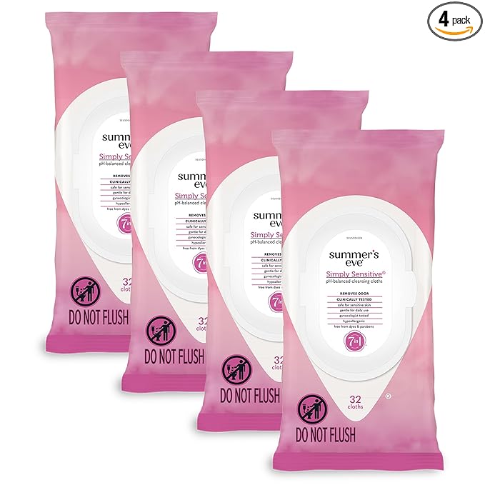 Summer's Eve Simply Sensitive Feminine Wipes, Gentle pH-Balanced Micellar Water Based Formula Helps Control Vaginal Odor, Resealable Pack, 32 Wipes, Pack of 4
