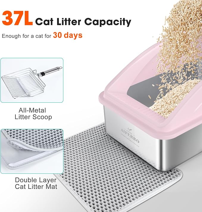 AIPERRO Stainless Steel Litter Box | XL Metal Cat Litter Boxes with Lid | Enclosed High Sided for Big Cats | Anti-Urine Leakage, Non-Stick, Easy to Clean with Litter Mat & Metal Scoop | Cute Pink