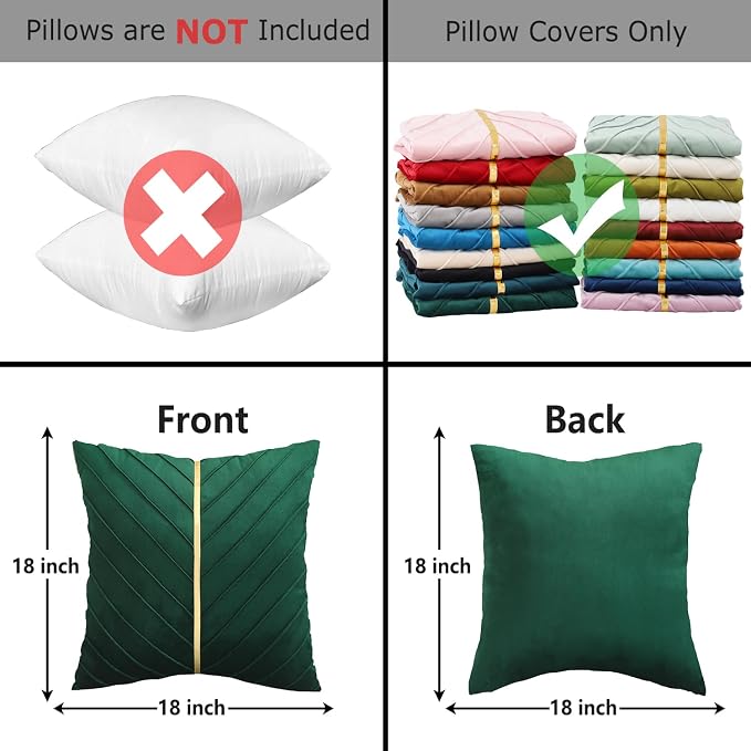 Velvet Throw Pillow Covers 18x18 Pack of 2 Gold Decor Dark Green | Soft Solid Pillow Covers,Modern Luxury Xmas Decor,for Couch Chair Sofa Bedroom Livingroom,Hidden Zipper,Ideal Gift,Easy Care