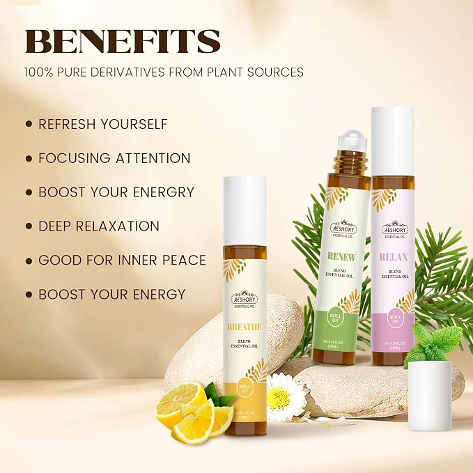 Essential Oils Roll On Set,Gifts for Women & Men (Calm, Relax, Breathe, Focus on, Sleep, Renew), Natural Aromatherapy Oil Blend Kit with Roller Ball for Massage, Body Skin Care, Relaxation Gift