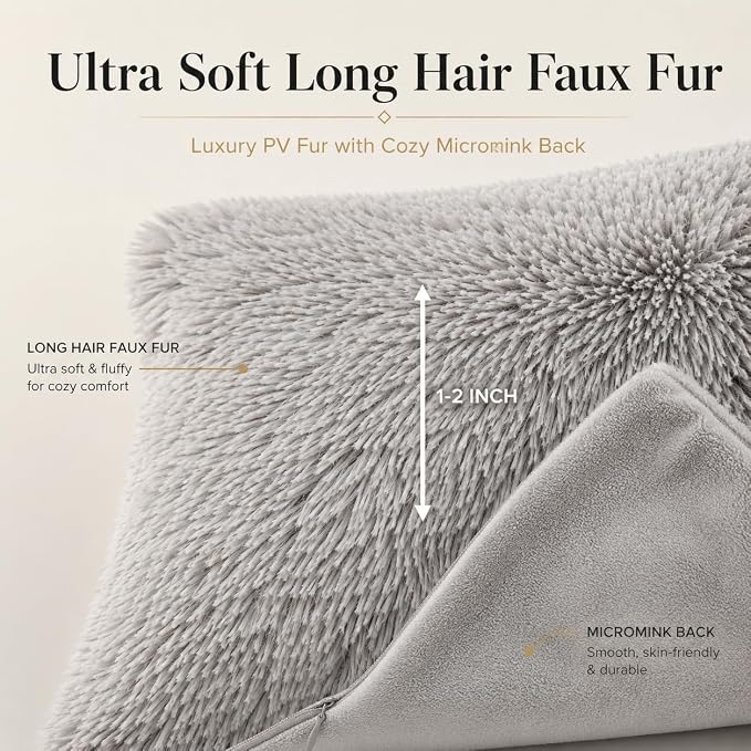 REAFORT Long Hair Faux Fur Euro Sham Cover 26"x26", Hidden Zipper (Grey) | Ultra-soft plush faux fur with a hidden zipper adds luxurious comfort and is machine washable for easy care.
