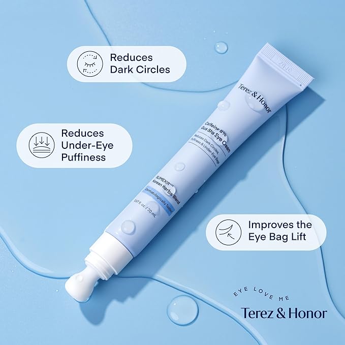 TEREZ & HONOR 8% Caffeine Eye Cream with SLIMEXIR™ & Korean Herbal Blend – Dermatologist Tested Formula for Dark Circles, Puffiness, Eye Bags & Wrinkles with Gua Sha Applicator, 0.67 fl oz