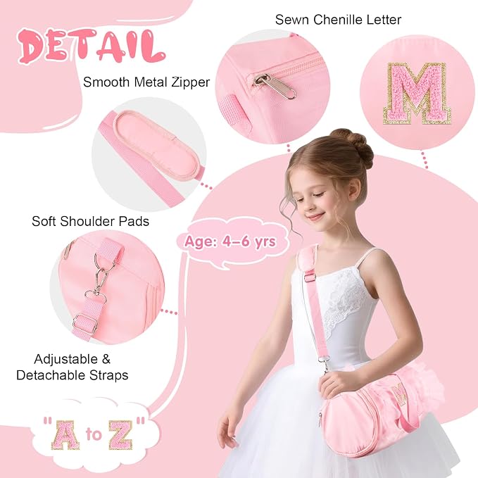 Personalized Initial Dance Bag for Girls 4-6, Small Lace Gym Sport Yoga Cheer Dance Bags Gift for Teen Girls, Cute Letter Kids Ballet Bag Toddler Travel Duffel Tote with Adjustable Straps(Pink-M)