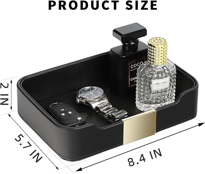 Leather Tray Organizer, Valet Tray Key Bowl (Metal Gilded, Black) | Leather Catchall Tray for Entryway Table Desktop Storage, Decorative Tray for Jewelry Keys Wallet Phone Watch