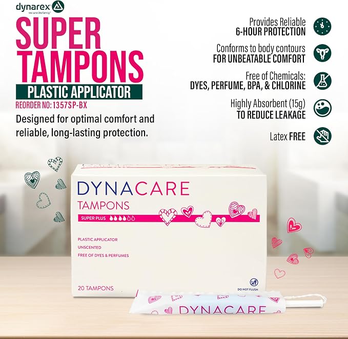 Dynarex Super Plus Tampons – Feminine Hygiene Product with Plastic Applicator – 8 Hour Protection – 1 Box of 20 Tampons