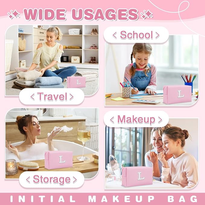 ChaoGreat Bride Gifts – Personalized Initial Makeup Bag with Pearl Rhinestone Patch, Preppy Pink Monogram Cosmetic/Toiletry Pouch, bridesmaid Gifts, Bridal Shower Gifts, Wedding Gifts, Bridal Gifts,L