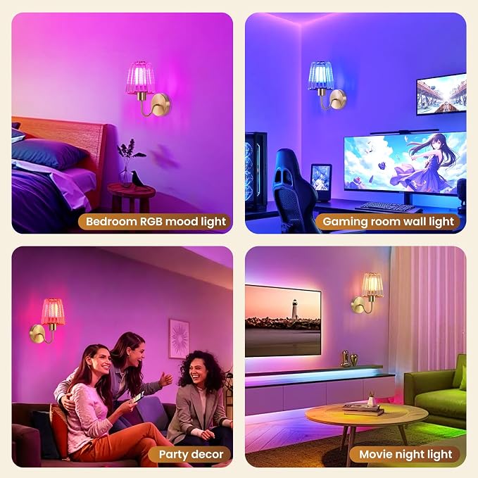 Wireless Sconces Wall Decor Set of 2 for Room Easy to Install | Rechargeable Battery Operated Light Bulbs 10000mAh Remote Control Timer Dimmable 15RGB Modern Gold Crystal Lampshade