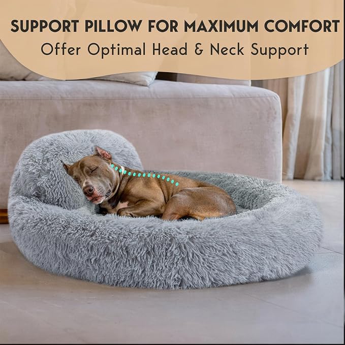 PetJett Dog Beds Large Sized Dog - 36'' Calming Round Bed, Washable Dog Bed - Anti-Slip Super Soft Donut Bed, Fluffy Faux Fur Anti-Anxiety Premium Comfort Pet Bed, Fits Dogs up to 80 lbs - Bright Grey