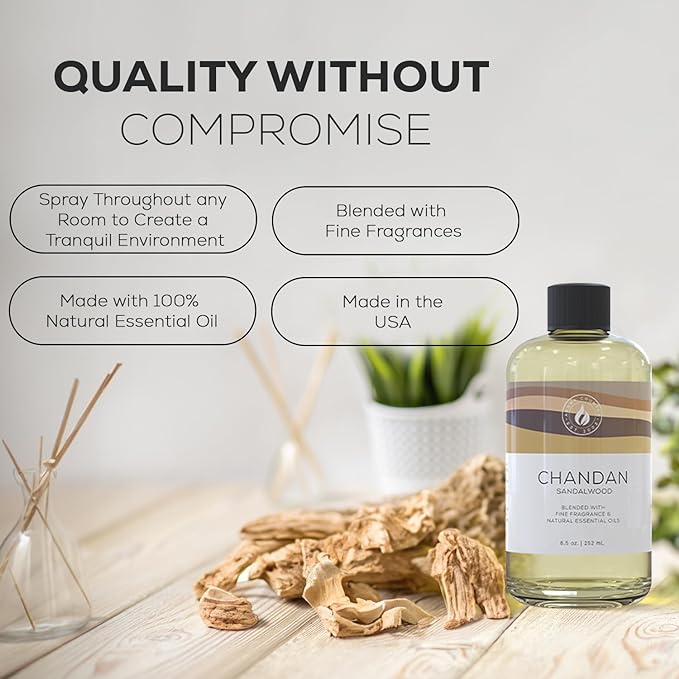Aroma Country Chandan Diffuser Oil - Luxury Essential Oils for Diffuser Refill & Air Freshener Room Spray - Long-Lasting & Natural Home Fragrance, Sandalwood Scented Oil for Diffusers (8.5 Fl. oz)