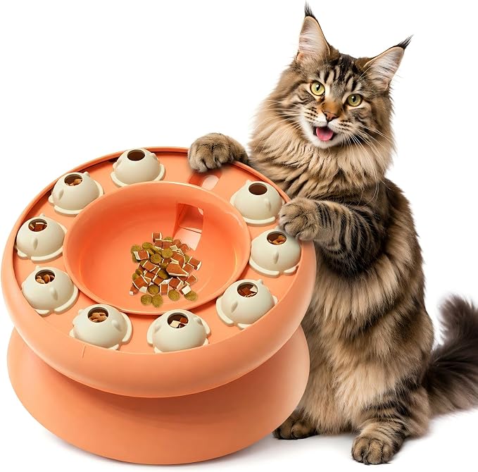 KADTC Cat Puzzle Toy Slow Feeder Bowl for Fast Eater, Kitten Enrichment Toy | 15° Base Eases Deep Stooping, Keeps Chins Cleaner; Daily Brainwork Fights Boredom, Curbs Overeating, Supports Weight Control.
