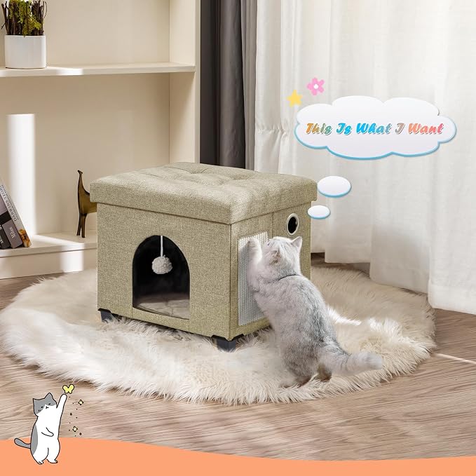 BRIAN & DANY Cat Beds for Indoor Cats,Cat Cave House for Kitten with Scratch Board & Ball, 14.7" x 14.1” x 12.7”, Light Khaki
