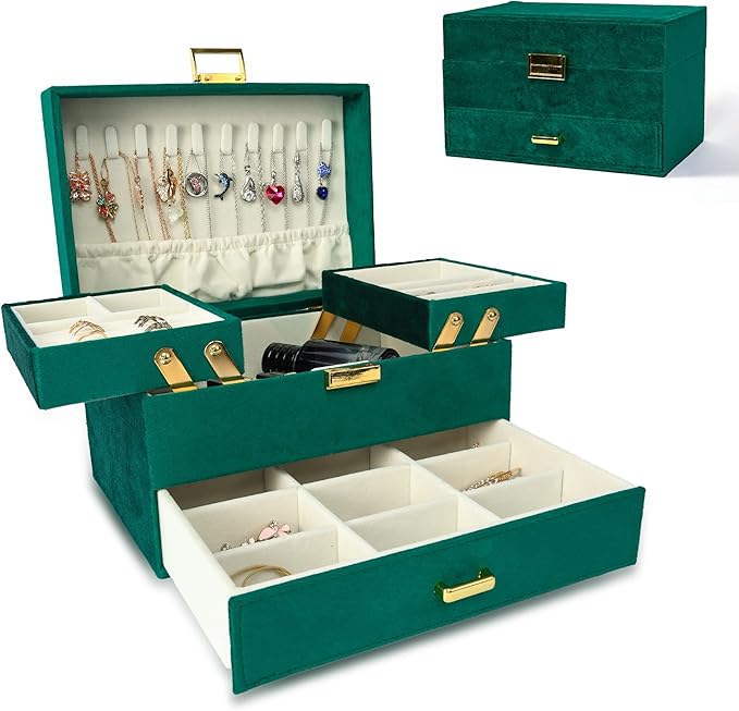 Jewelry Organizer Box, Large Velvet Jewelry Boxes for Women Girls, Space-Saving 3 Layers Jewelry Storage Case with Drawer, Movable Metal Stand, Modern, Gift Idea (Green)