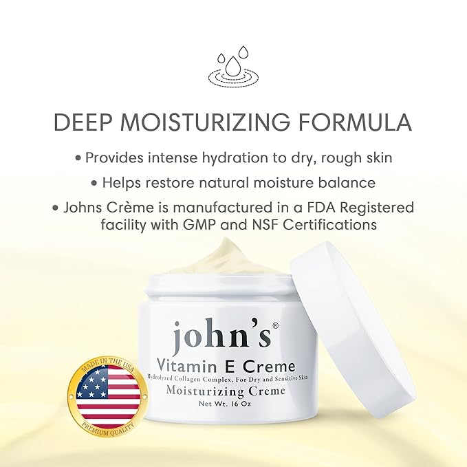 John's Vitamin E, A & D Collagen Cream – 16 oz Aloe-Enriched Moisturiser for Face & Body – Nourishing Vitamin E Skin Cream for Dry, Sensitive Skin