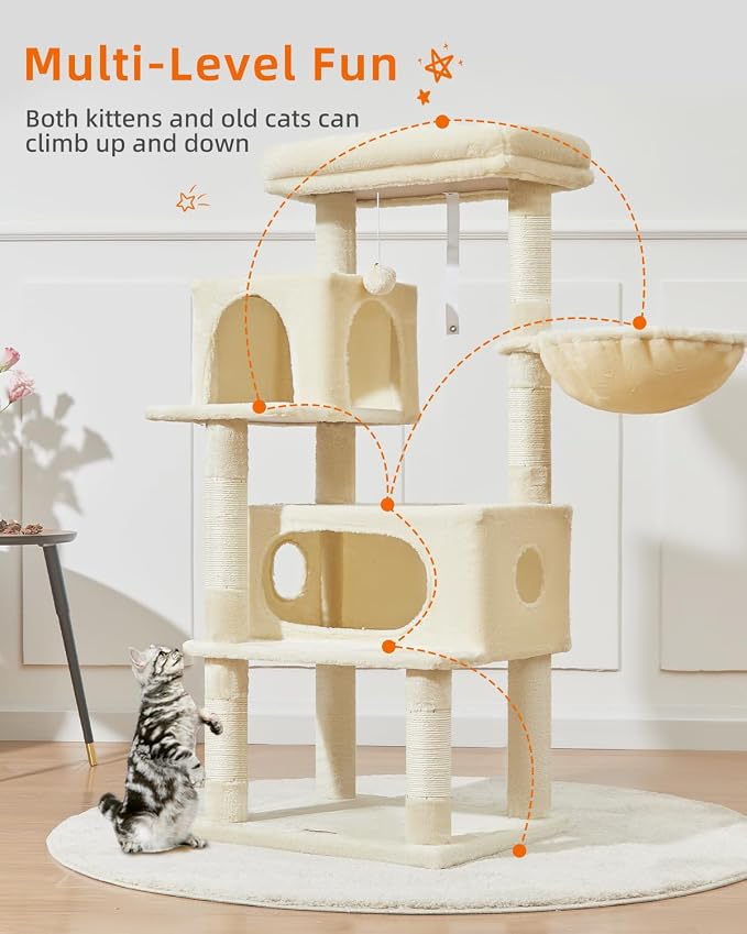 Taoqimiao Cat Tree, 49In Cat Tower for Indoor Cats Large Adult | 2 Luxurious Cat Condos, Thick Padded Top Perch, Adjustable Hanging Baskets, 5 Scratching Sisal Posts, Beige MS029LM