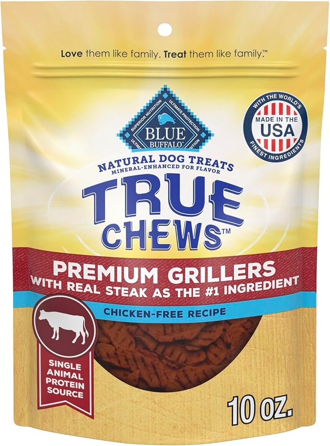Blue Buffalo True Chews Premium Grillers Steak Dog Treats, 10 oz | Real Beef First, Tender & Tasty, Made in the USA, No Artificial Preservatives