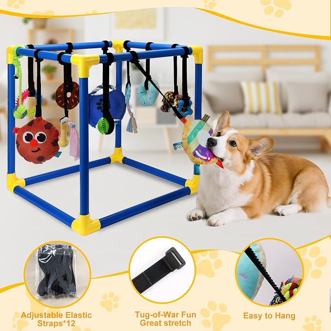Puppy Play Gym with 12 Toys, Removable Dog Enrichment Playground, Interactive Indoor Training Activity Center for Small Dogs & Puppies, Teething & with Squeaky Toys, Fixable, 12 Toys