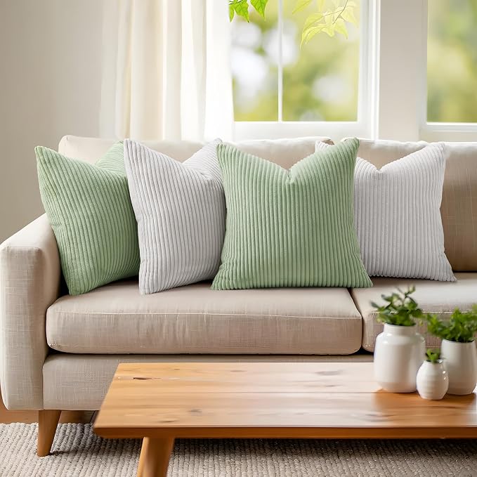 Mecatny Corduroy Decorative Throw Pillow Covers 24x24 Set of 2 Sage Green | Soft Striped Texture, Hidden Zipper Design, Neutral Boho Square Pillow Cases for Sofa Couch Living Room Bedroom, Home Décor