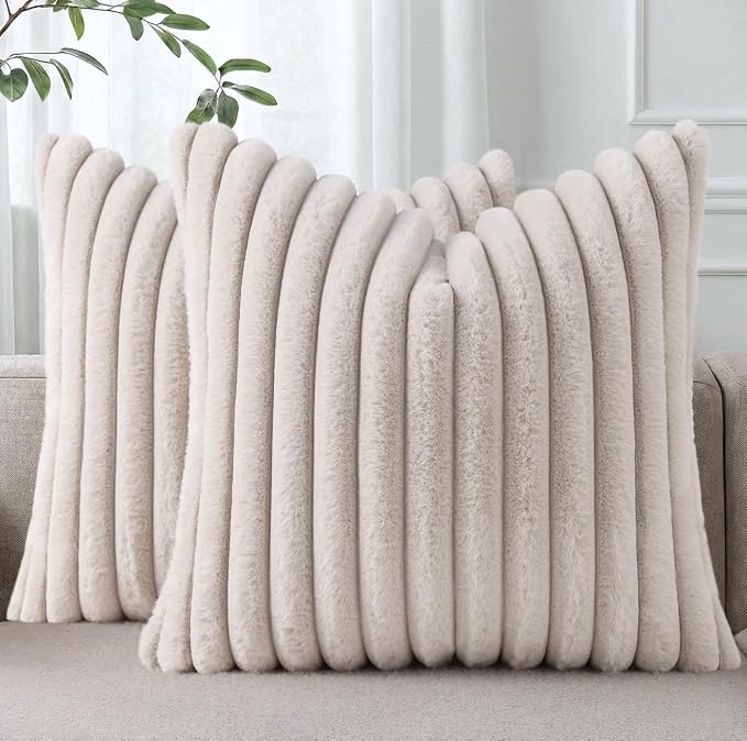 Pallene Faux Fur Decorative Throw Pillow Covers 22x22 Set of 2, Tan | Luxury Plush Texture, Striped Design, Cozy Soft Touch, Modern Home Accent Decor for Couch, Sofa, Bed, Living Room