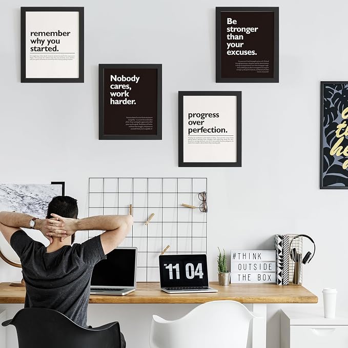 DSHFG Motivational Office Pictures Wall Decor Prints Set of 4 | Black Motivational Wall Art Office Decor Retro Posters Prints for Office Home Decor, 8x10 Unframed