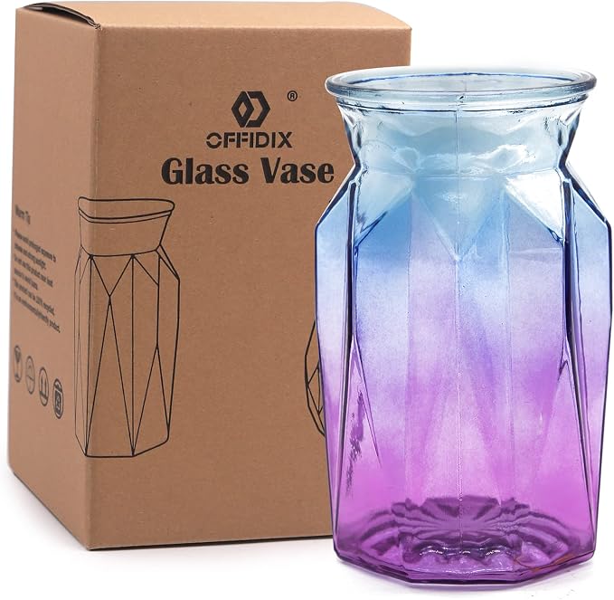 Flower Vase, Gradient Multicolor with Geometric Faceted Design Art Decorative Glass Vase for Wedding, Dinning, Bookshelf, Home Decoration or Gift