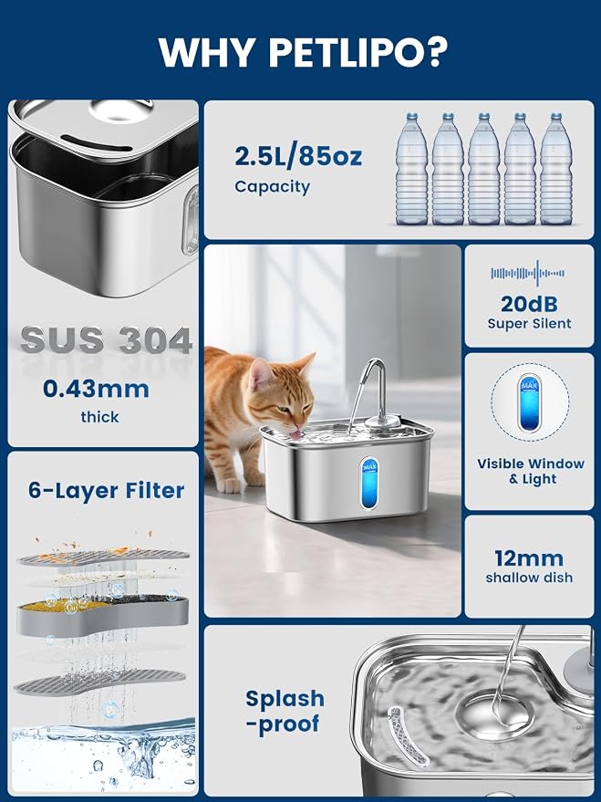 Cat Water Fountain Stainless Steel for Cats Indoor 2.5L 85oz by BPA-Free SUS304, Effective 6-Layer Filter Cat Fountain for Drinking 20dB Ultra Quiet Metal Pet Water Fountain (Fountain+1 Filter)
