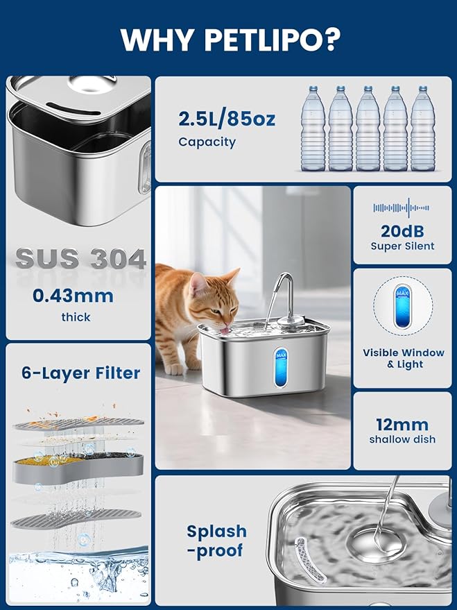 Cat Water Fountain Stainless Steel for Cats Indoor 2.5L 85oz by BPA-Free SUS304, Effective 6-Layer Filter Cat Fountain for Drinking 20dB Ultra Quiet Metal Pet Water Fountain (Fountain+4 Filters)