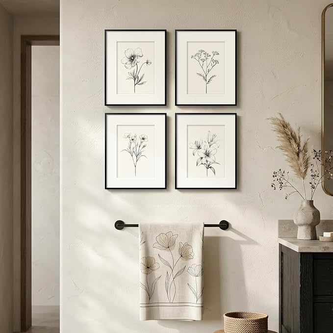Framed Black and White Botanical Wall Art for Bathroom, 4 Piece 8x10 In | Minimalist floral wall decor, Vintage boho flower pictures, Plexiglass with mat prints, Bedroom office hallway room decor