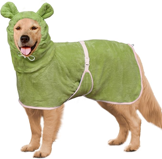 Dog Bathrobe Super Absorbent Towel Robe - Microfiber Bath Towels Fast Drying Coat for Dogs, Cute Dogs Clothes Adjustable Collar & Belly Strap Warm Keeping Hooded Dog Towel (Olive Green, X-Large)