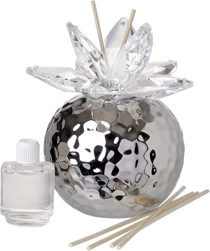 Debora Carlucci Italian Silver Hammered Finish Aromatherapy Diffuser,Crystal Lotus Top w/Wood Wicks Scent Included